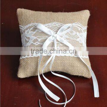 Linen Wedding Ring Pillow Set with Lace and Ribbon (6 Pieces)