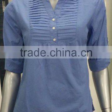 Ladies Button Down Shirts With Pintuck on Chest and Fold up Sleeve photo-3