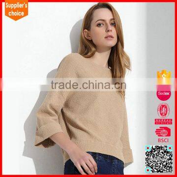 New fashion long sleeves camel color crewneck cashmer sweater woman