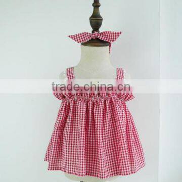 Red Gingham 3 Pieces Cute Girl Clothing Set Summer Kids Outfit Hot Selling photo-2