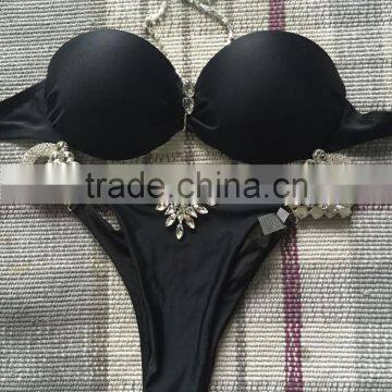 M859 Runwaylover 2016 Sexy Black Metallic Crystal Diamond Bikini Swimwear photo-2