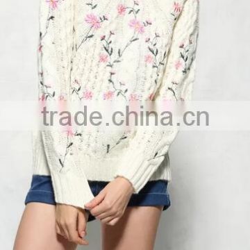 EY0896S Europe Style 2016 Women Loose Flower Embroidery Knit Pullover Sweater