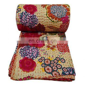 Handmade Kantha Quilt Indian Tropical Floral Print Kantha Bedspread, Kantha Blanket Kantha Bedcover, Reversible Gudari