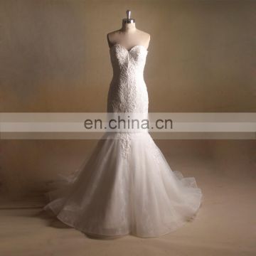 Classical Mermaid Sweet Heart Applique Lace Bottom Tulle Wedding Dress With Beautiful Fishtail Fitting Slim