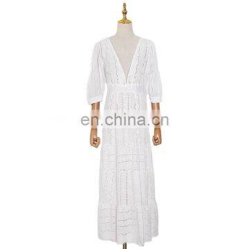 TWOTWINSTYLE Lace Lantern Sleeve High Waist Ruched Hollow Out Dresses For Female