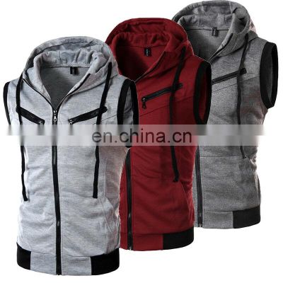 2022 OEM custom print cotton casual men pocket sleeveless hoodie