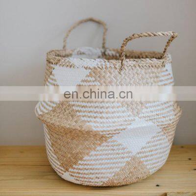Handwoven Large White Patterned Basket, Seagrass Belly Basket, Boho Basket Planter Wholesale