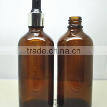 Hotsale 100ml amber glass bottle with alu shiny silver dropper,essential oil glass dropper bottle