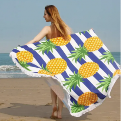 Microfiber Circle Beach Towel Custom Printed Pineapple Round Beach Towels with Tassel
