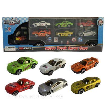 XINYU Diecast Trailer Truck Play Set With 6 PCS of Die Cast Cars 1/64 Scale