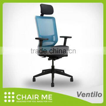 Ventilo office chair, aquamarine mesh chair, adjustable headrest, gray bracket, adjustable seat, armrest, lumbar, nylon base