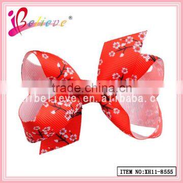 Red floral printed ribbon bow female bow tie,3" hair bows clip for girls