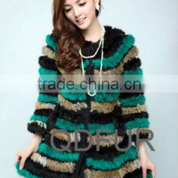 QD28270 Lady Strip Knitted Rabbit Fur Coat From China photo-3
