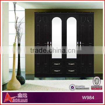 W984-48 simple wardrobe designs, wooden wardrobe with mirror, wooden four door wardrobe