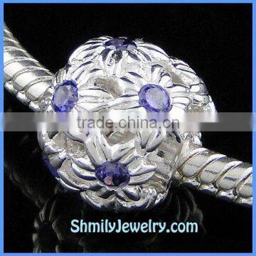 Wholesale 925 Silver Purple CZ Crystal European Flower Beads BCZ48