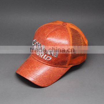 2015 FASHION LEATHER TRUCKER BASEBAKK CAP WITH RHINESTONE AND EMBROIDERY