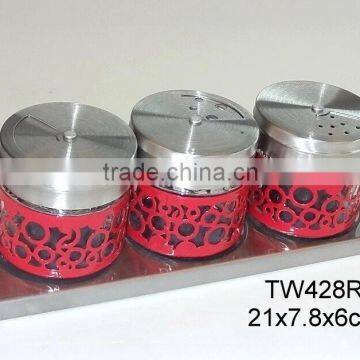 TW428R 3pcs glass spice jar set with stainless steel casing and stand