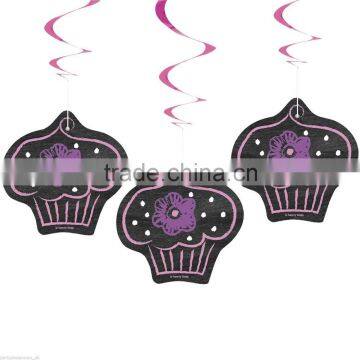 Black Sweet Cupcakes Birthday Party Hanging Foil Swirls Decorations