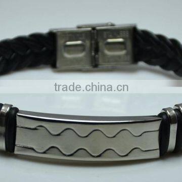 New Design Braided Choker Genuine Leather Bracelet Stainless Steel Carved Two Curve Braided Bangles For Mens