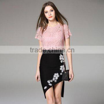 Wholesale 2016 Summer Women Black White Pink Tops Lining Lace Blouses Back Zipper Short Sleeve Slim Fashion Design Lady Blouse photo-3