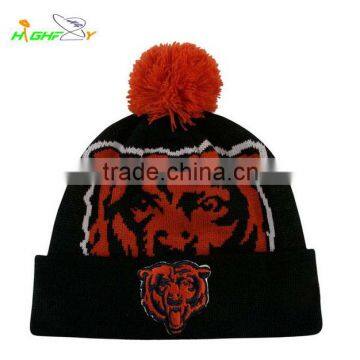 high quality acrylic OEM custom tiger jacquard knit slouchy pom pom beanie hat with embroidery logo