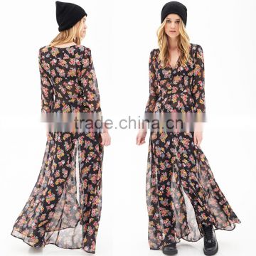 European Women Chiffon Dress Floral Print High Split Deep V-Neck Long Sleeves Button Maxi Dress Black