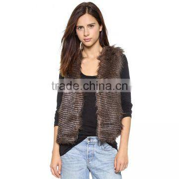 HAODUOYI Women Brown Gradient Oversized Stripe Faux Fur Waistcoat photo-6