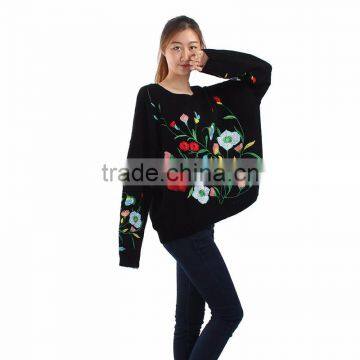 OEM Service 2017 Women Loose Floral Embroidery Flower Knit Pullover Sweater photo-3