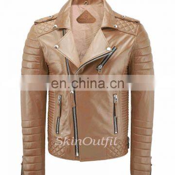 NEW MEN'S GENUINE LAMBSKIN STYLISH MOTORCYCLE BIKER LEATHER JACKET CAMEL BEIGE