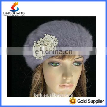 lingshang angora high quality knitted fashion winter girl flower crochet hat