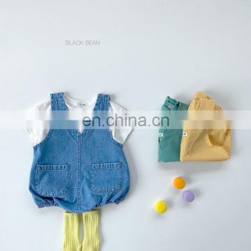 ins Korea The same baby summer soft sleeveless denim one-piece baby fashion pocket bag fart climbing clothes