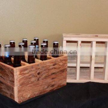 Rustic Stain Color 12 Bottles Solid Wooden Beer Crate With Handle