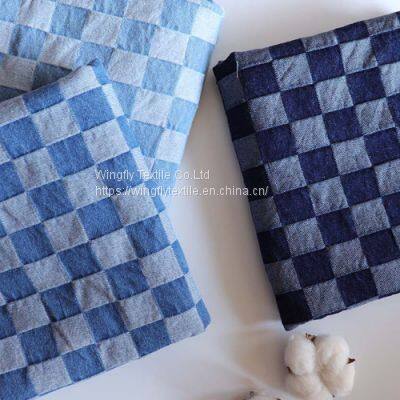 10oz 100%Cotton Jacquard Blue Checkered Fabric Washed Denim Material W068