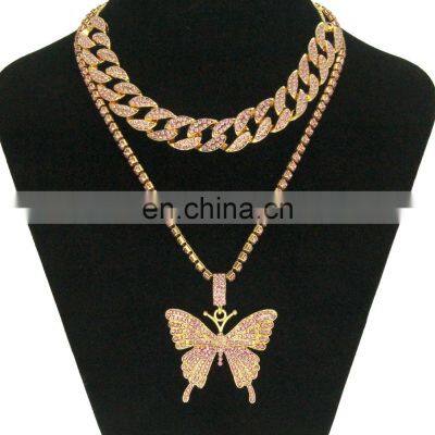 Best Selling Women Double Layer Choker Crystal Butterfly Necklace With Pendant