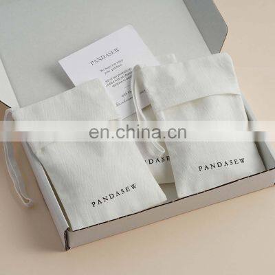 PandaSew Custom Logo 13x8cm High Quality White Herringbone Cotton Packaging Bag Gift Jewelry Pouch