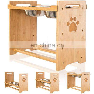 Engraved Dog Pet Drinking Feeding Bowls and Feeders Wood for All Cute Pet Elevator Adjustable Height Bamboo Stand Rack Frame photo-2
