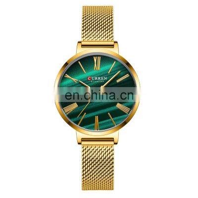 CURREN Ladies Luxury Brand Simple Quartz Stainless Steel Watch Classic Elegant Gold Green Lady's Charm Watch on Wrist