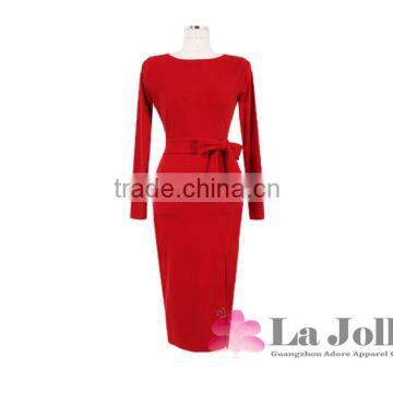Elegant Long Sleeve One-piece Red Dress Sexy Side Split Maxi Plus Size With Belt Grown photo-4