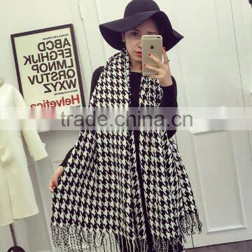 Za Fringed Tassel Houndstooth Jacquard Woven Cashmere Feel Acrylic Scarf photo-2