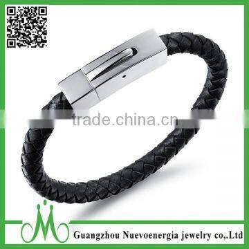 Black Braided Leather Rope Bracelet Stainless Steel Clasp Mens Bangle Bracelet