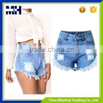 Europeamerican women high waist jeans shorts with holes