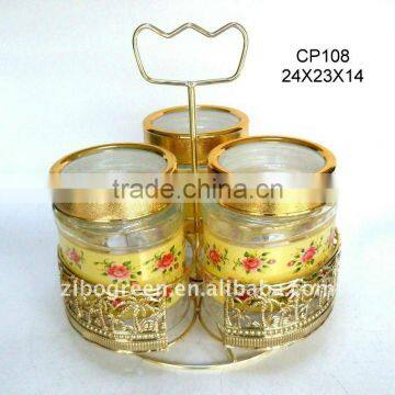 3pcs oval glass jar with printing with golden turning rack(CP108)