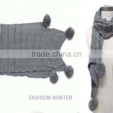 WLDL-R1627-3 100%Acrylic grey rail girls winter knitted scarf with pom-pom trims