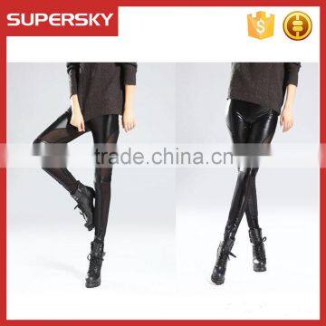 B432 Hot sale punk style net yarn meshed imitation leather splicing pants black sexy stretch leggings