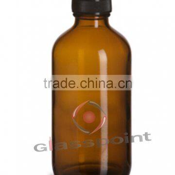 Amber Boston Round Glass Bottle 8 oz with Std Cap, 8oz amber bottle, boston round with plastic cap-250ml