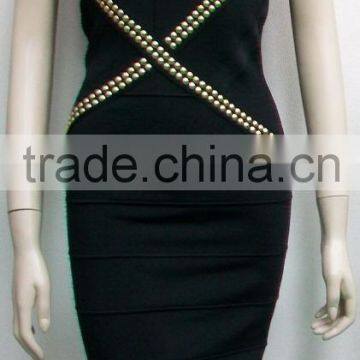 China Price Mature Ladies' Round Neck Sleeveless Knee Length Bodycon Dress Black Rayon Spandex Knitted Sweater With Rhinestones