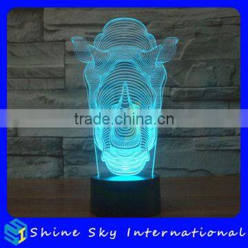 Acrylic Sculpture 3D Rhinoceros LED Night Light Creative Stereoscopic 7 Colors Flashing Touch LED Night Light