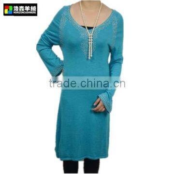 Woman Pure Cashmere Long Dress, Women Blue Fashion Sweater Dress