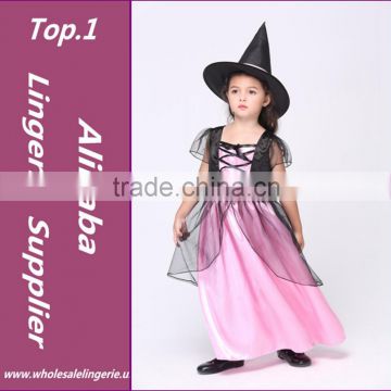 Free shipping , children halloween party hot pink gauze black girl witch dress costume and hat for kid