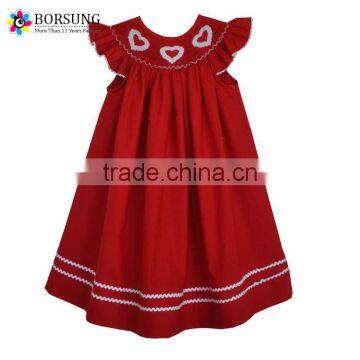 2016 Latest Fashion Dresses Designs Handmade Smocked White Hearts Valentine Red Bishop Dresses